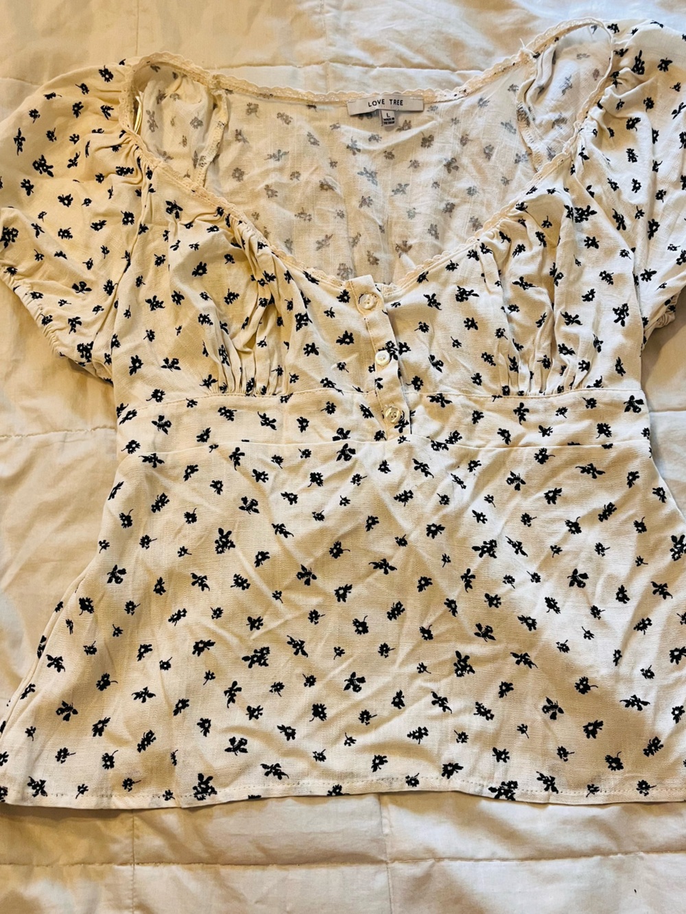 Love Tree Cream Feminine Detail Blouse with Black Floral Print